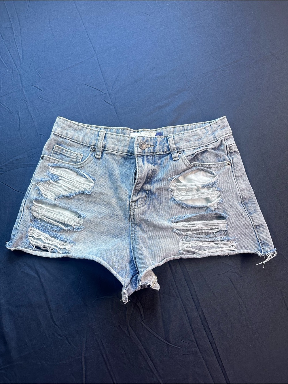 rebels Faded Light Blue Ripped Denim Cutoff Shorts